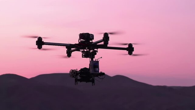 Quadrocopter in the Exploration Area. Powerful quadrocopter curled over the canyon at sunset. Slow Motion