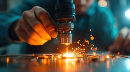 Hands guide machinery as sparks fly, depicting the synergy of human craft and industrial technology, highlighting innovation and skilled work in a detailed scene.