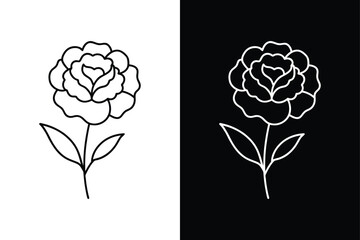 Black and White Carnation Flower Icon. Line Art Contour Illustration