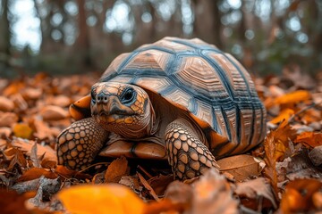 Naklejka premium Close-up of a Radiated Tortoise on a Bed of Autumn Leaves