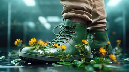 A pair of vibrant green boots surrounded by yellow flowers on a reflective surface, conveying a sense of freshness, vitality, and connection with nature.