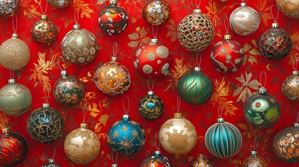 Holiday decorations on a festive red backdrop create a festive pattern.