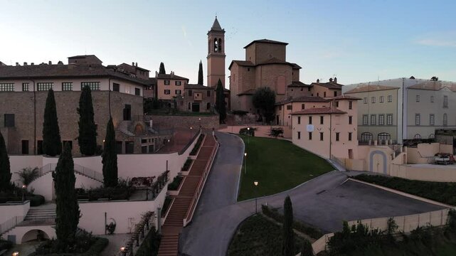 Solomeo, tourist destination in Umbria, province of Perugia. Italy.
Aerial view of the village of Solomeo, a tourist attraction in central Italy in the municipality of Corciano in the province of Peru