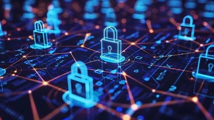 Cybersecurity Concepts and Digital Protection Strategies Illustrated with Glowing Padlock Symbols on a Futuristic Networking Background