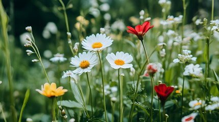 Bright wildflowers in lush meadow, showcasing vibrant colors and beauty