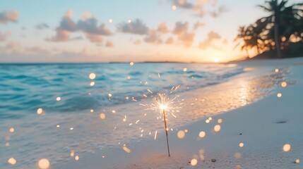 Sparkler glowing on the beach at sunset creating a magical moment by the ocean