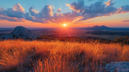 Obraz premium A stunning sunset over a mountain range with golden grass in the foreground.