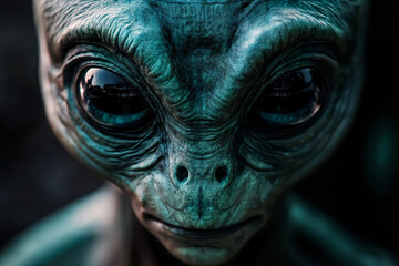 A detailed close-up image of a mysterious alien being with large, reflective eyes and textured skin, evoking curiosity and intrigue about extraterrestrial life.