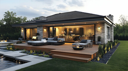 Fototapeta premium Modern House with Wooden Deck and Pool Illustration