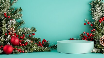 Elegant podium surrounded by festive greenery and red berries creating a perfect holiday display