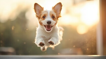 An enthusiastic puppy mid-jump, ears flapping, captures the vivid essence of youth and exuberance against a blurred background conveying motion and liveliness.