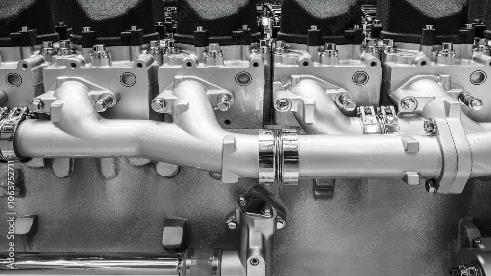 Poster A large engine with many parts. The engine is made of metal and has many pipes and valves. The concept of industrialization and complexity of machines