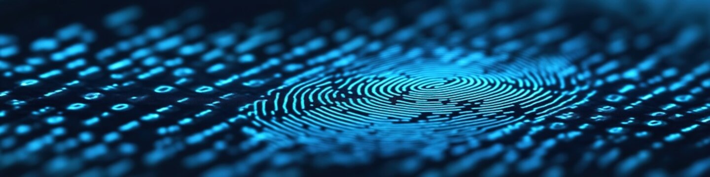 Blue digital fingerprint on binary code background