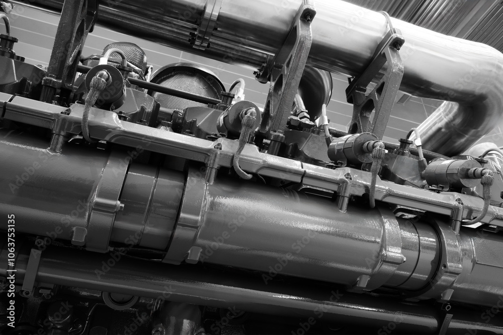 Poster A large engine with many parts. The engine is made of metal and has many pipes and valves. The concept of industrialization and complexity of machines