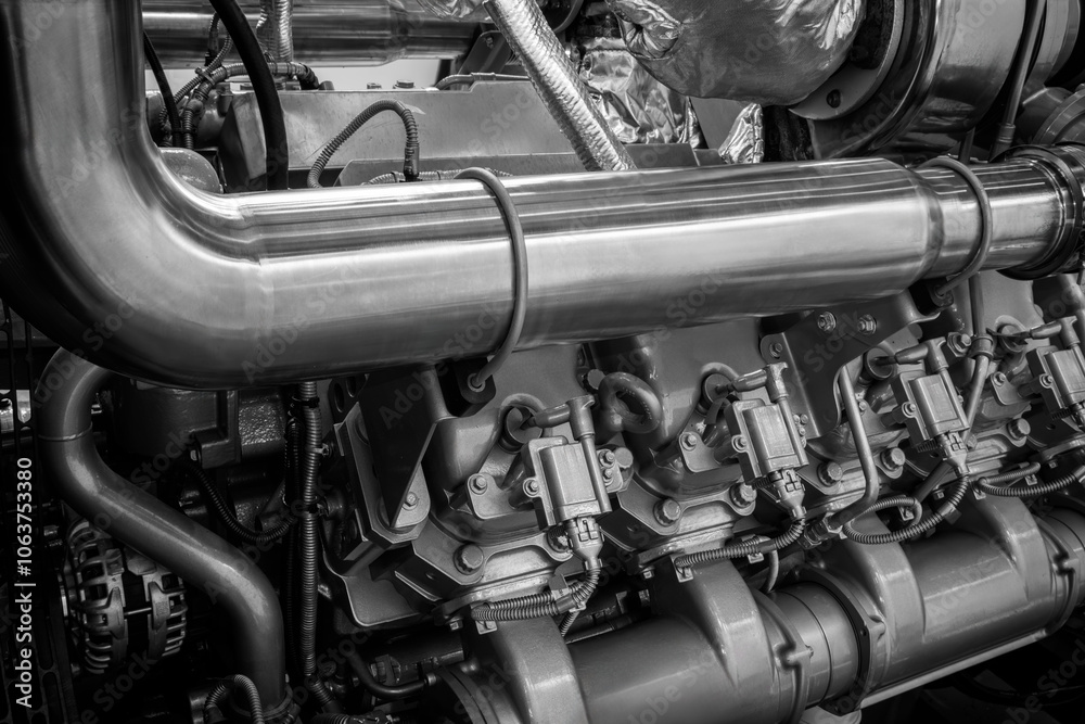 Poster A large engine with many parts. The engine is made of metal and has many pipes and valves. The concept of industrialization and complexity of machines