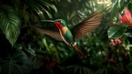vibrant hummingbird in flight, showcasing its colorful feathers amidst lush greenery