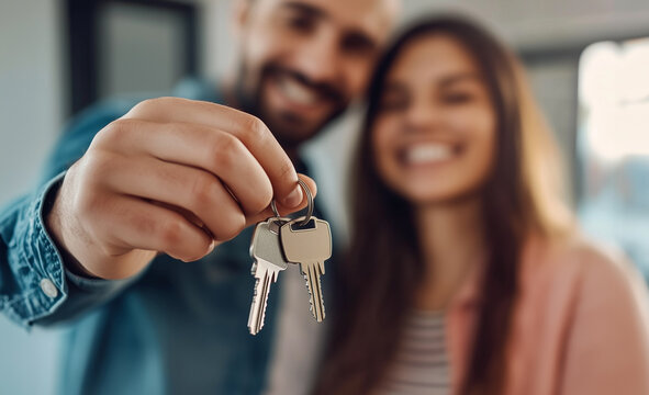 A man and woman are holding keys in their hands, smiling at the camera