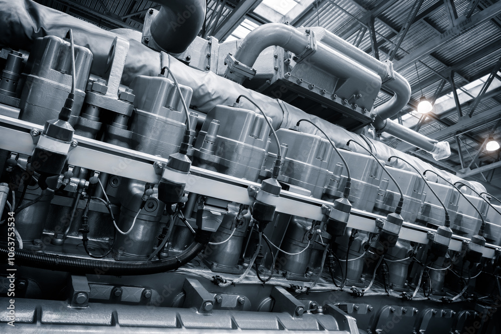 Poster A large engine with many parts is shown in a factory. The engine is made of metal and has a lot of pipes and valves. Concept of industrialization and the complexity of machinery