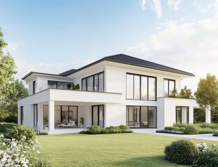 Modern 3D rendering of a minimalist white house with lush greenery