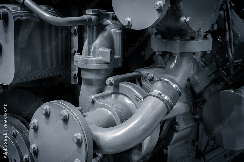 Poster A large engine with many parts. The engine is made of metal and has many pipes and valves. The concept of industrialization and complexity of machines