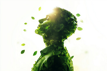 Businessman take deep breath made from leaf, surrounded by leaves ESG Environmental, social, and governance, carbon reduction decarbonization net zero and climate change