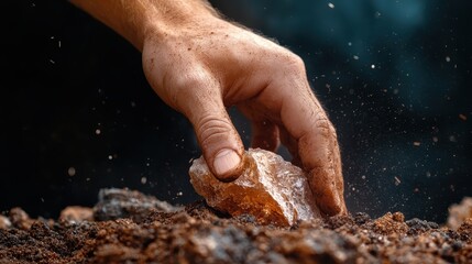 An image featuring a hand extracting a rugged, translucent gemstone from the rich soil as dust particles scatter, conveying a sense of discovery and exploration.