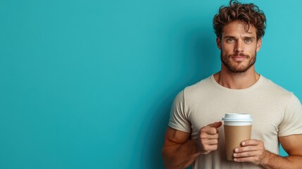 A handsome man stands against a teal background, holding a coffee cup with a relaxed and approachable vibe, wearing a casual t-shirt, fostering ease and comfort.