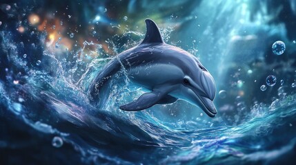 Naklejka premium Majestic Dolphin Leaping Through Ocean Waves