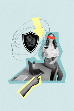 Vertical photo collage of happy girl hold wine glass workplace fingerprint access cybersecurity decode isolated on painted background