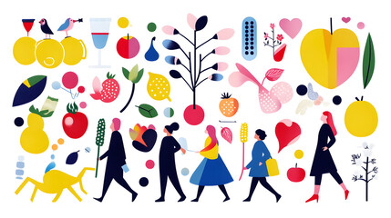 colorful illustration featuring people, fruits, and abstract shapes