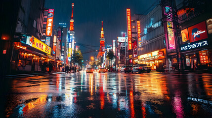 Fototapeta premium Rainy Night Street Scene with Neon Lights - Photo
