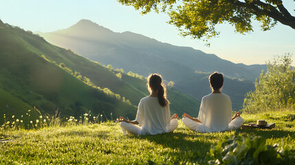 Fototapeta premium Serene outdoor scene with individuals meditating in nature, surrounded by mountains and greenery