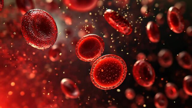 Red blood cells are seen here in a close-up, floating in a liquid medium