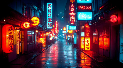 Neon Signs Illuminate Wet Street - Illustration