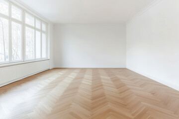Obraz premium Bright minimalist living room with wooden parquet floor