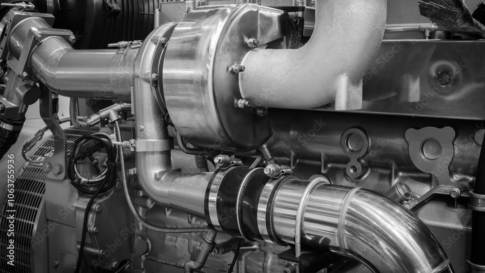 Poster A large engine with many parts. The engine is made of metal and has many pipes and valves. The concept of industrialization and complexity of machines
