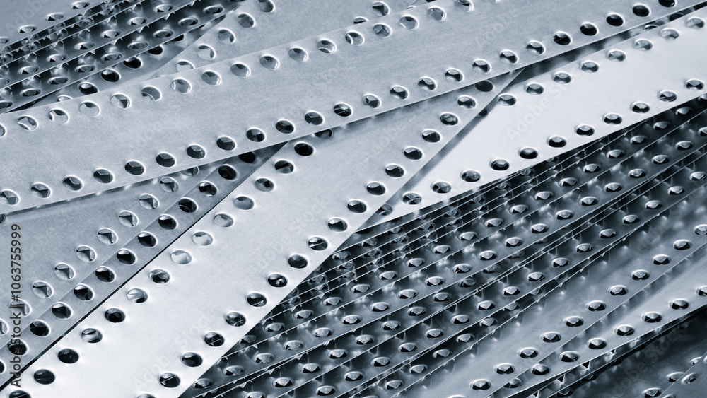 Poster A pile of metal pieces with holes in them. Blue  holes are of different sizes and shapes. The metal pieces are arranged in a way that they form a pattern. Concept of order and structure