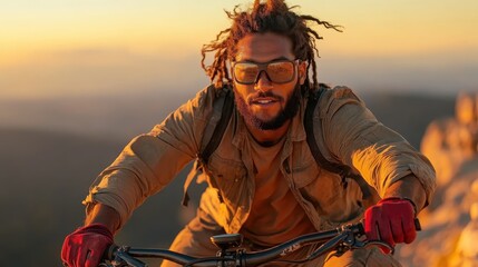 A man with dreadlocks is mountain biking on a rocky, sunlit trail during golden hour. He wears sunglasses and gloves, showing determination and adventure.