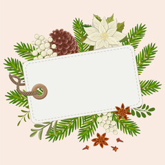 Christmas white tag. A vibrant holiday design featuring pine cone and tree branches arranged for festive decoration during winter