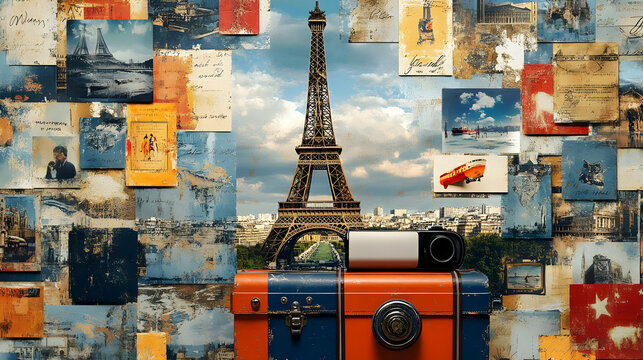 Vintage Postcard Collage with Eiffel Tower Illustration