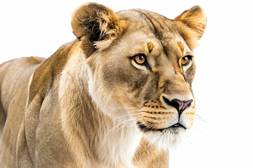 Obraz premium A lion standing gracefully against a clean white background, showcasing her majestic features and powerful presence.