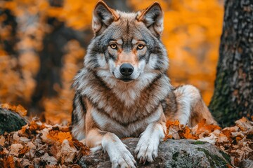 A Wolf Resting on a Rock in an Autumn Forest