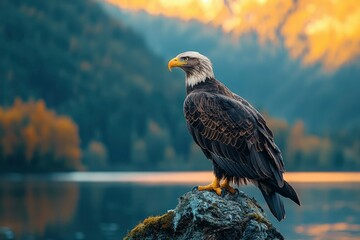 Fototapeta premium Bald Eagle Perched on a Rock by a Lake at Sunset