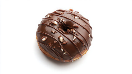 A chocolate-covered donut topped with nuts, showcasing a delicious treat.