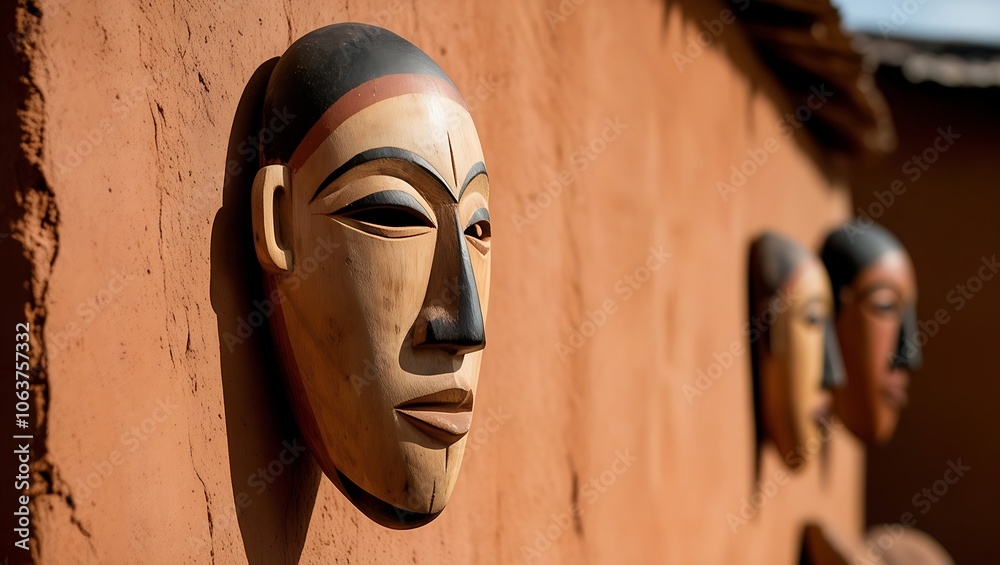 Wall mural Three carved wooden masks with painted faces are mounted on a mud brick wall.