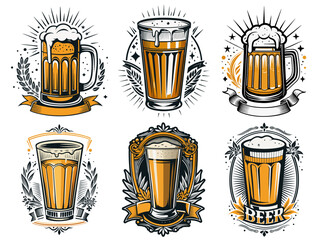 Six different beer mugs and glasses, some with decorative ribbons and wheat or hop branches, creating a vintage, classic design perfect for brewery or pub branding