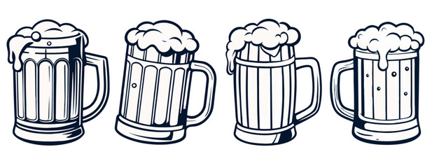 Four beer mugs, overflowing with frothy beer, are depicted in a monochrome style, evoking the refreshing and celebratory aspects of beer consumption