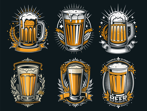 Six beer emblems with mugs and glasses, ribbons, floral motifs, and stars for vintage brewery branding