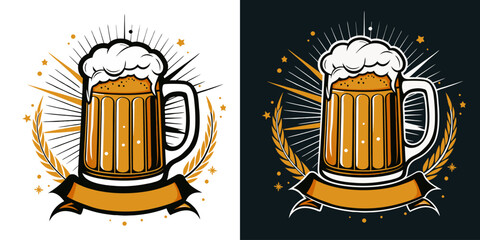 Large beer mug with foam and decorative barley twigs and ribbon banner, suitable for brewery or pub logo, presented on white and dark background