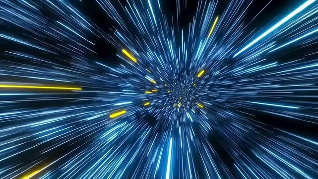Abstract blue and yellow light streaks radiating from the center of the image creating a starburst effect.